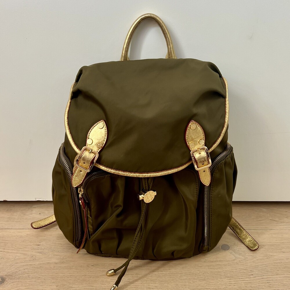 MZ Wallace Marlena Olive Green Nylon Backpack Bag with Gold Leather Trim EUC